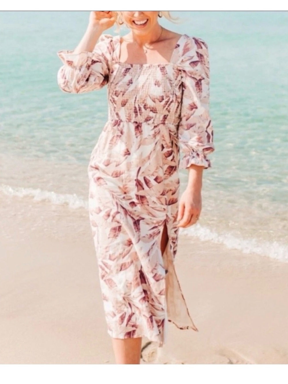 House of Harlow 1960 Linen Smocked Pink Palm Midi Dress Bishop Sleeve Women’s M